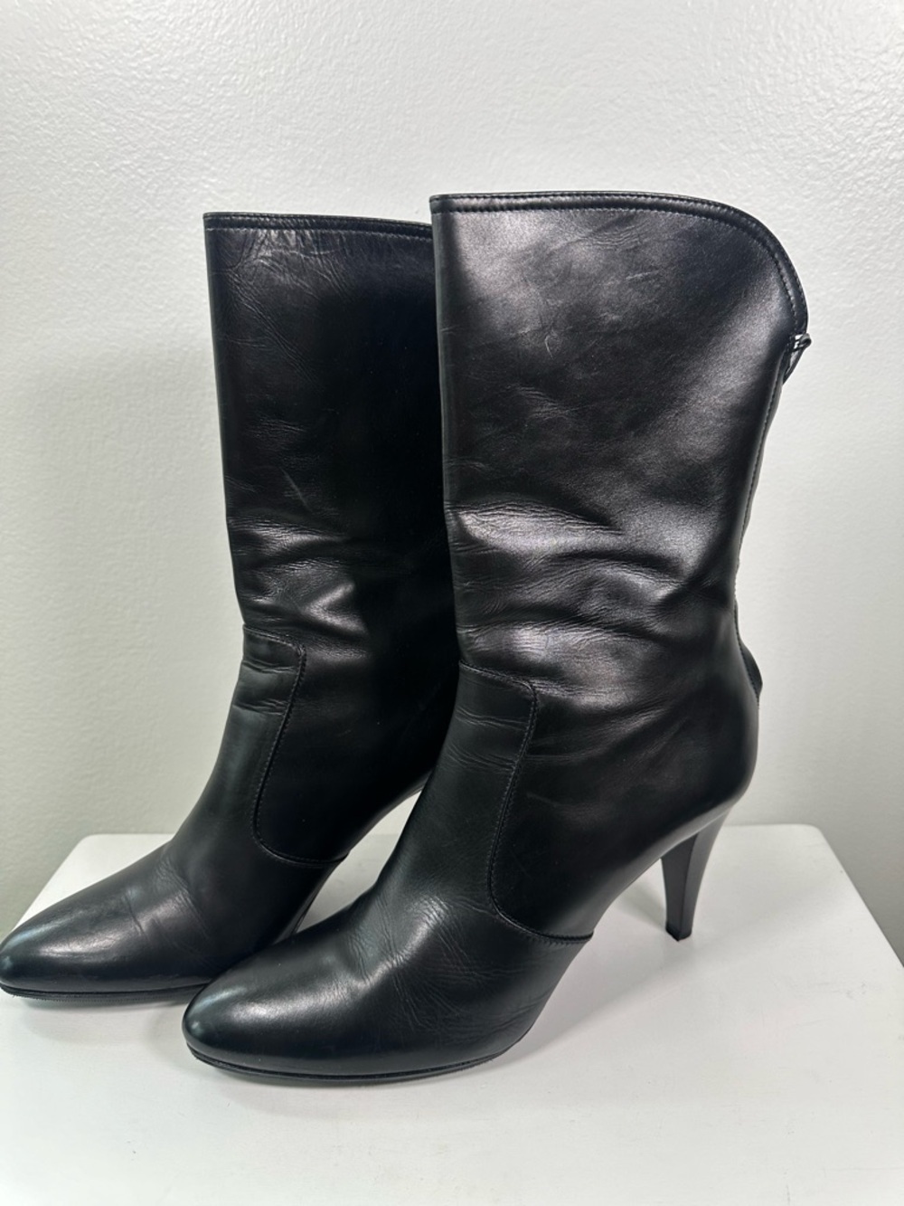 Cole Haan Nydia Boots Black Leather Mid Calf Stiletto Heel Size 10B Italy